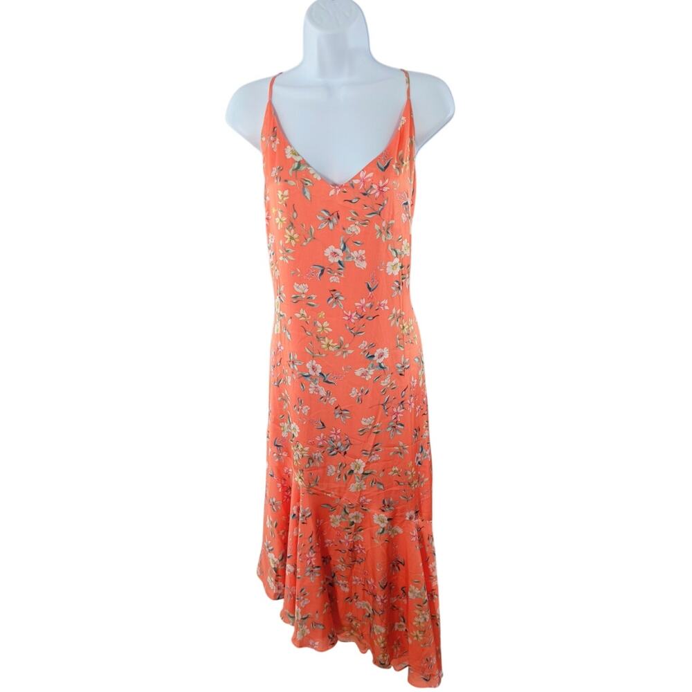 WHBM Maxi Slip Dress 14 Orange Satin Floral Asymmetrical Peplum Tropical Summer